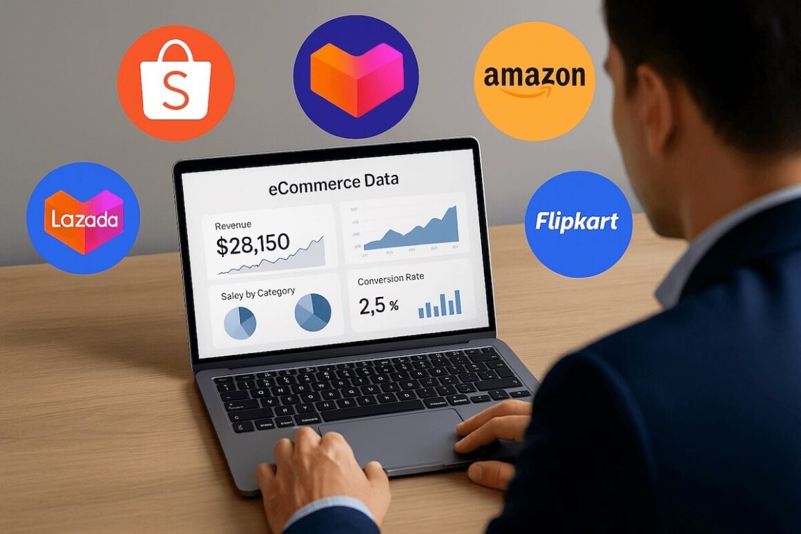 A business owner analyzing eCommerce data on a laptop screen, surrounded by icons of popular marketplaces like Shopee, Lazada, Amazon, and Flipkart, symbolizing growth strategy and revenue optimization in Southeast Asia