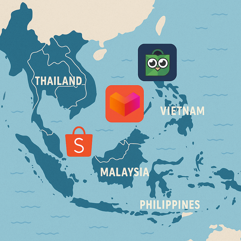 A stylized map of Southeast Asia highlighting key eCommerce markets like Indonesia, Thailand, Vietnam, Malaysia, and the Philippines, with marketplace logos such as Shopee, Lazada, and Tokopedia overlaid, representing online business expansion in the region