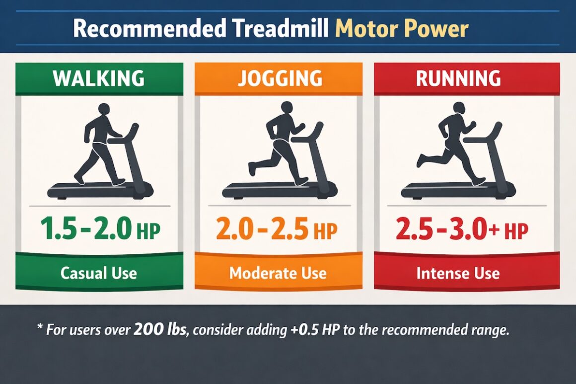 chart showing recommended treadmill motor Horsepower (HP) for walking, jogging, and running.